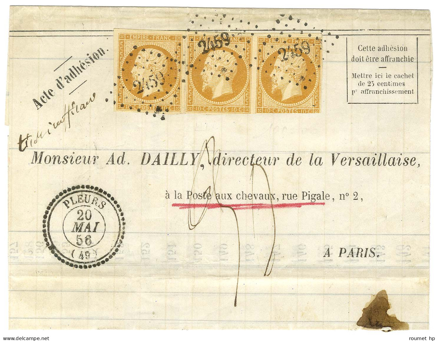 PC 2459 / N° 13 Bistre Orangé Bande De 3 (1 Ex Def) Càd T 22 PLEURS (49) Sur Lettre Territoriale 2 Ports Insuffisamment  - 1853-1860 Napoleon III