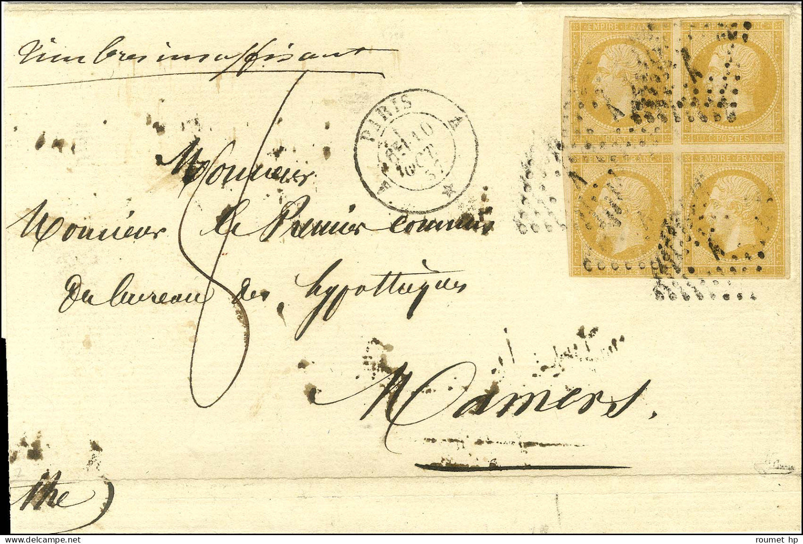 Losange A / N° 13 Nuance Citron (bloc De 4, 1ex Filet à Peine Effleuré) Càd A PARIS A / * Sur Lettre 3 Ports Insuffisamm - 1853-1860 Napoléon III