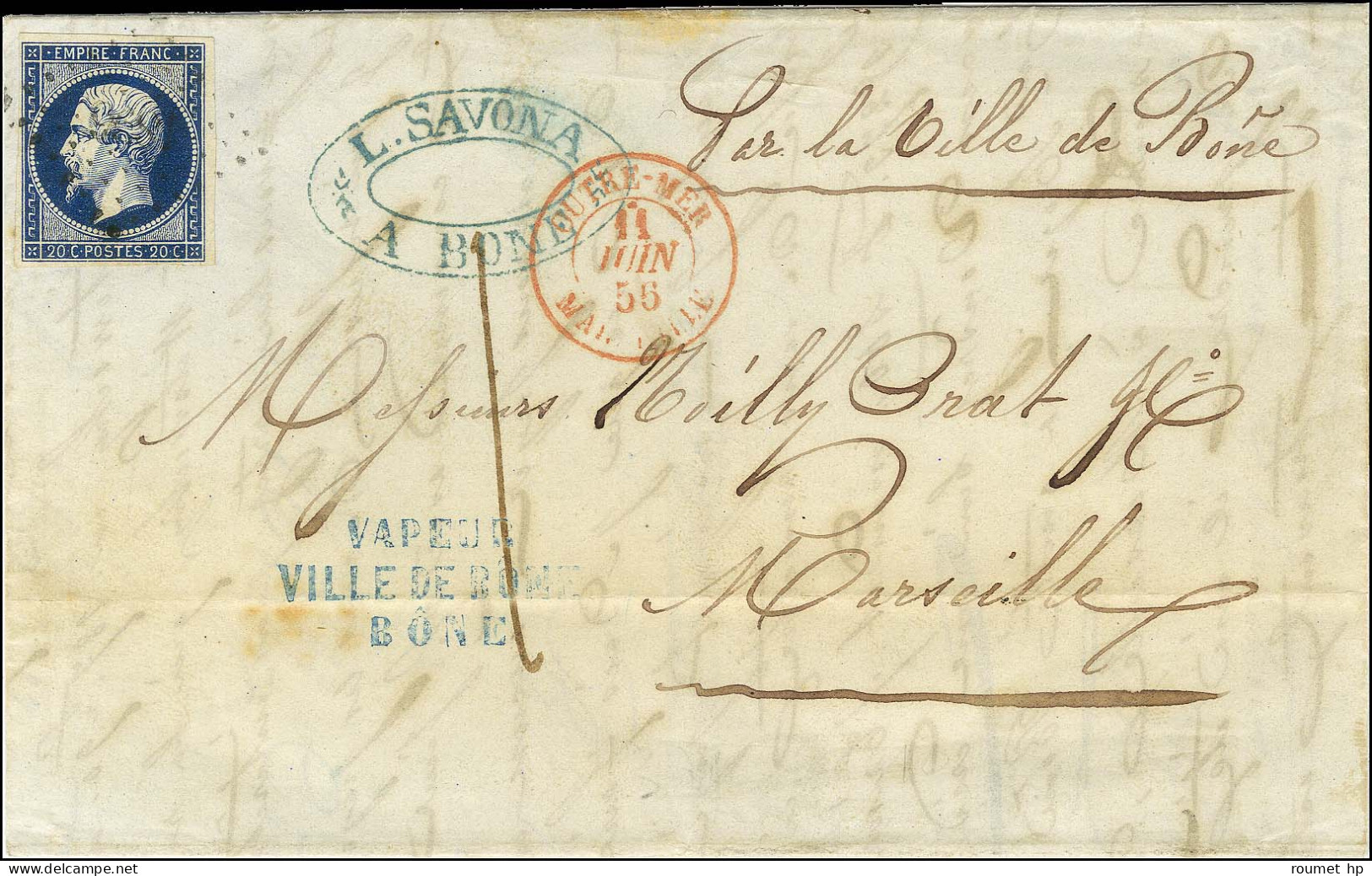 PC / N° 14 Sur Lettre Avec Texte Daté De Bône Le 7 Juin 1856 Pour Marseille. Au Recto, Griffe Bleu VAPEUR / VILLE DE BÔN - 1853-1860 Napoléon III.