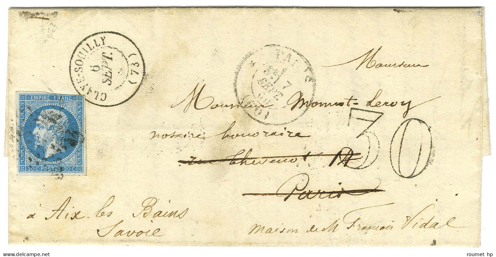 PC 878 / N° 14 (filet Effleuré) Càd T 15 CLAY-SOUILLY (73) Sur Lettre Pour Paris Réexpédiée à Aix Les Bains (Etats Sarde - 1853-1860 Napoléon III.