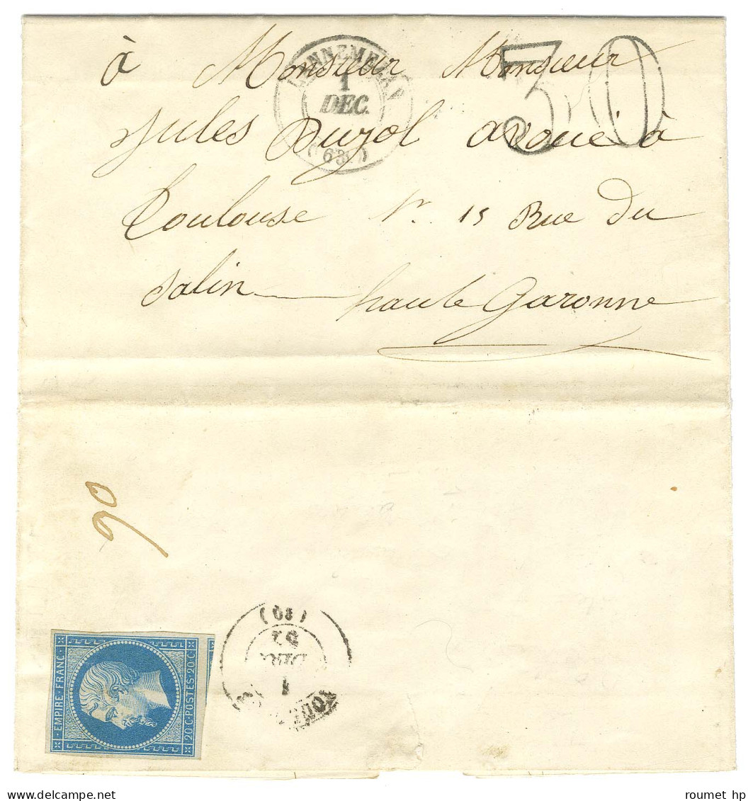 Càd T 15 LANNEMEZAN (63) Taxe 30 DT Sur Lettre Pour Toulouse. Au Verso, N° 14 Neuf Ayant échappé à L'oblitération. 1854. - 1853-1860 Napoléon III