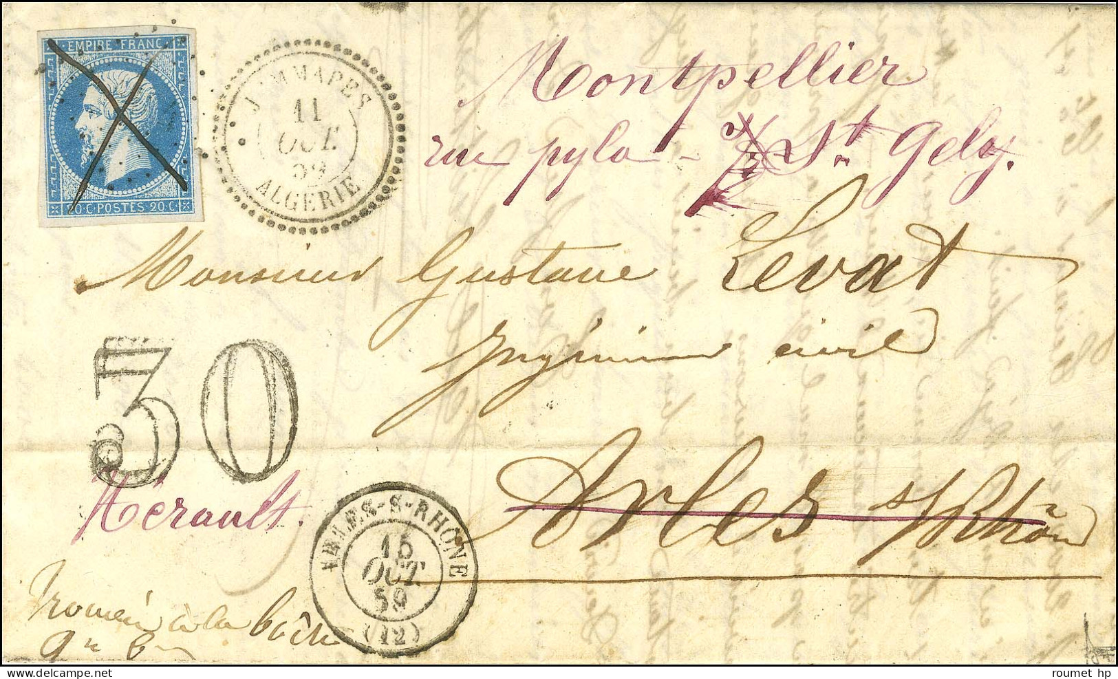 PC 4104 / N° 14 Belles Marges Càd T 15 JEMMAPES / ALGERIE Sur Lettre Pour Arles Réexpédiée à Montpellier. Au Recto, Ment - 1853-1860 Napoleon III