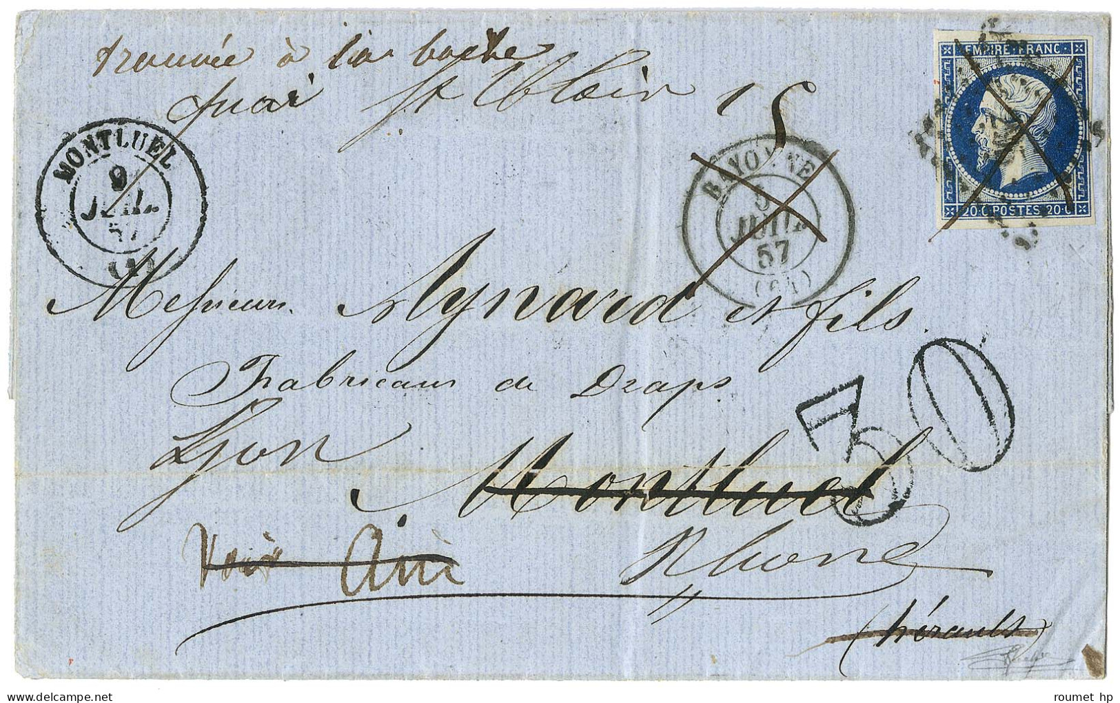 PC 295 / N° 14 Càd T 15 BAYONNE (64) Sur Lettre Pour Montluel Réexpédiée à Lyon, Au Recto Taxe 30 DT Et Mention Manuscri - 1853-1860 Napoléon III.