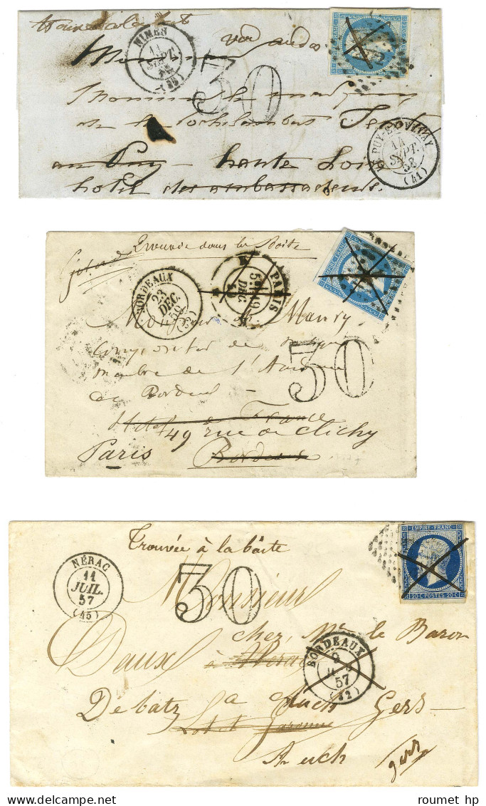 Lot De 3 Lettres Affranchies Avec N° 14 Taxées 30 DT Pour Lettres '' Trouvée à La Boite ''. - TB. - 1853-1860 Napoleon III