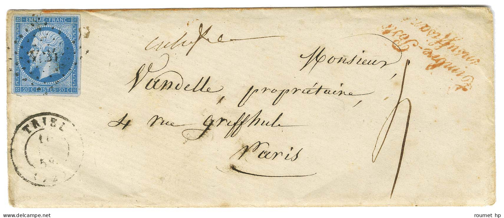 PC 3424 / N° 14 Bleu Sur Lilas Càd T 15 TRIEL (72) Sur Lettre 2 Ports Insuffisamment Affranchie Pour Paris, Griffe Rouge - 1853-1860 Napoléon III.