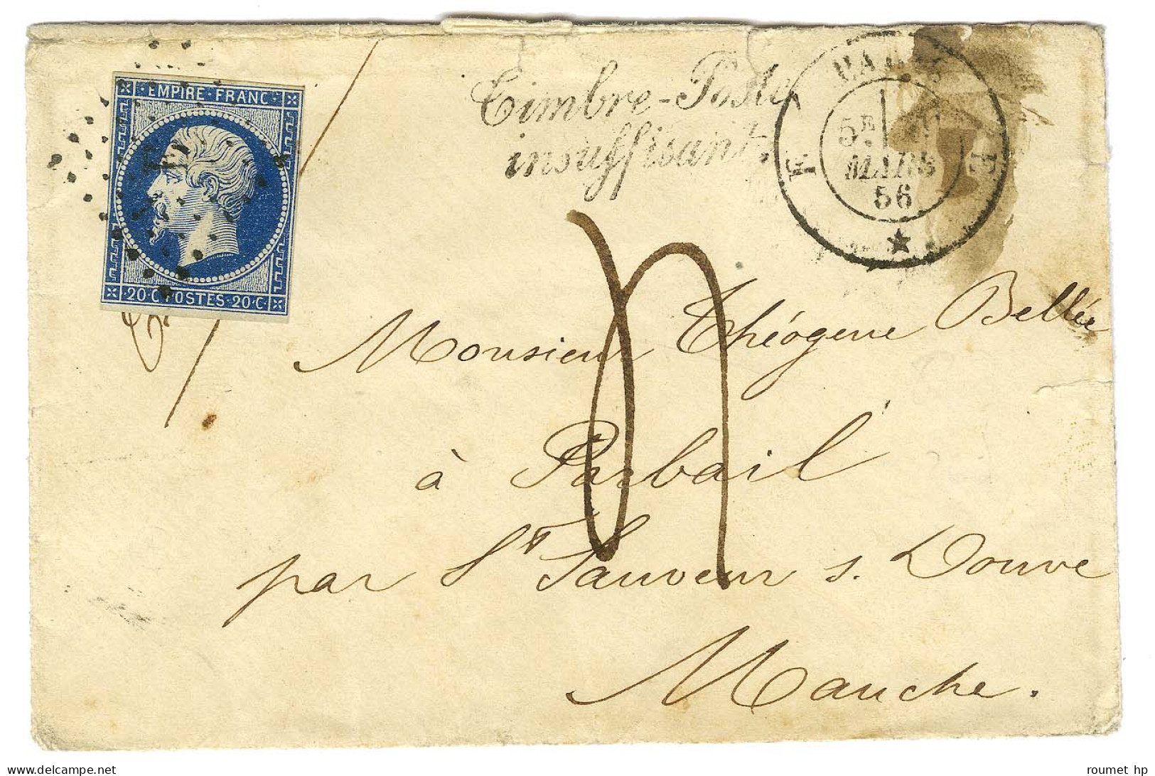 Losange E / N° 14 Càd E PARIS E / * Sur Lettre 2 Ports Insuffisamment Affranchie Pour Saint Sauveur Sur Douve, Griffe No - 1853-1860 Napoleon III