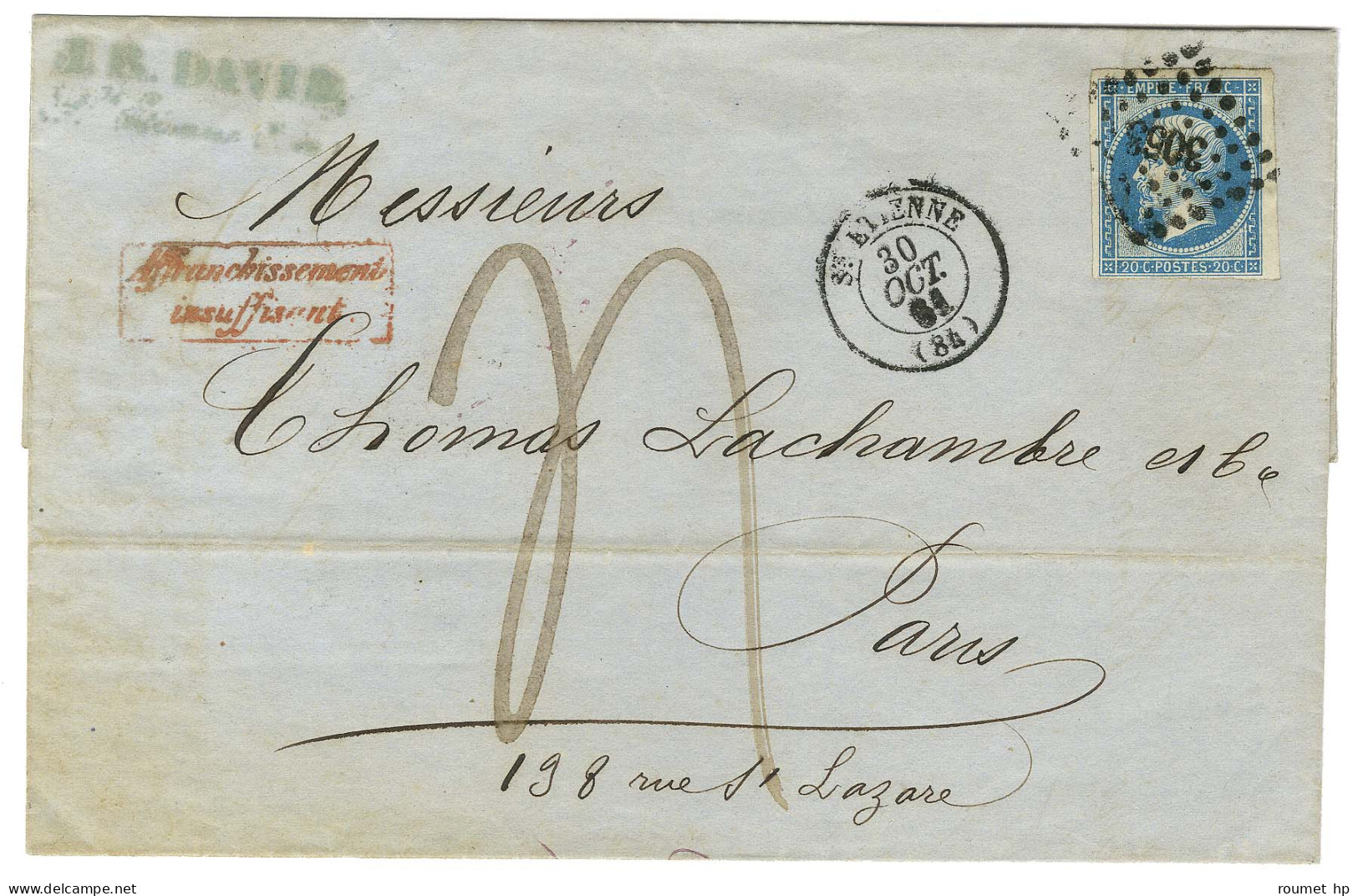 PC 3053 / N° 14 Càd T 15 ST ETIENNE (84) Sur Lettre 2 Ports Insuffisamment Affranchie Pour Paris, Griffe Rouge Encadrée  - 1853-1860 Napoléon III.