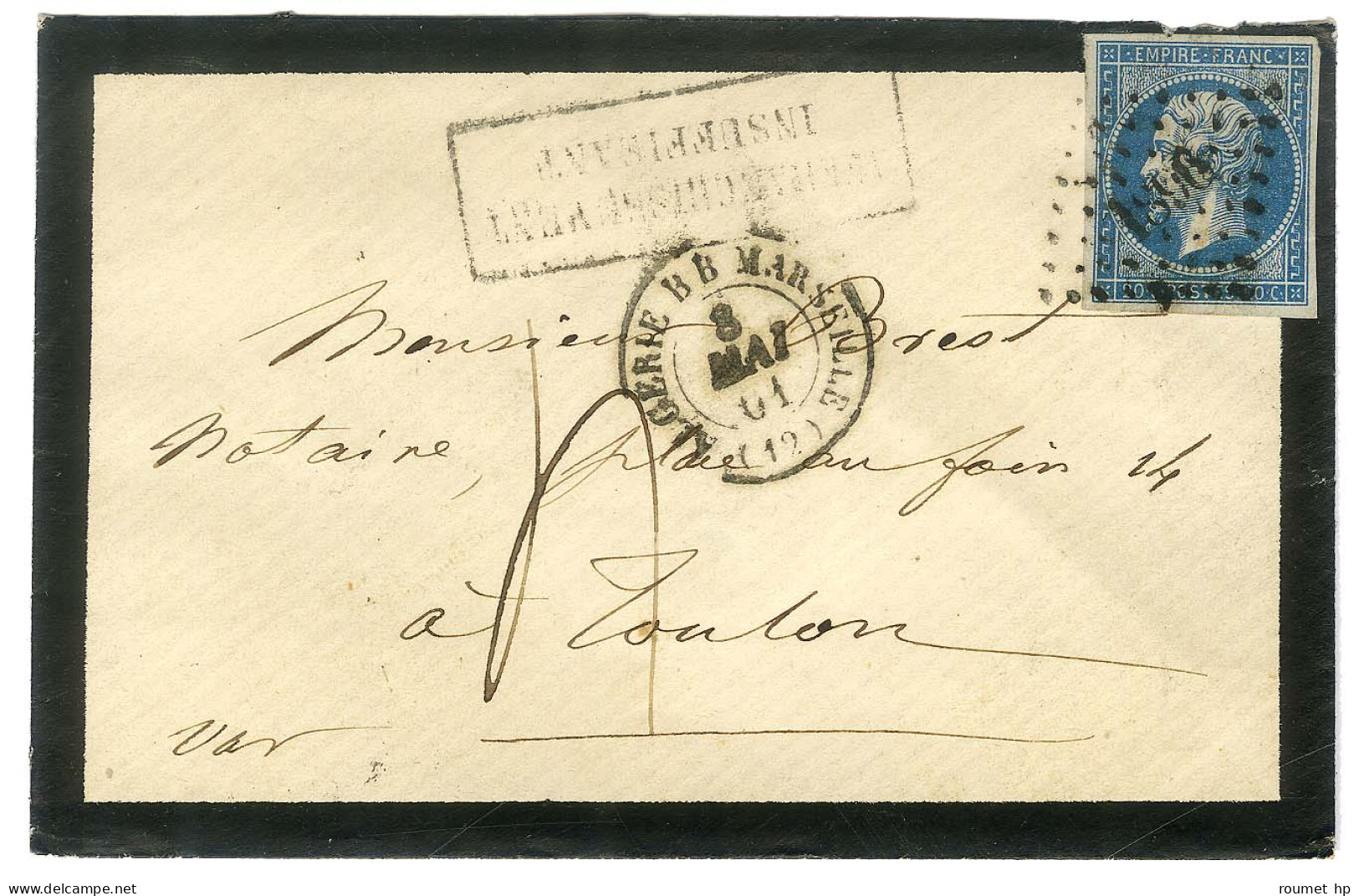 PC 1896 (Marseille) / N° 14 Càd ALGERIE BB MARSEILLE (12) Sur Lettre 2 Ports Insuffisamment Affranchie Pour Toulon, Grif - 1853-1860 Napoléon III