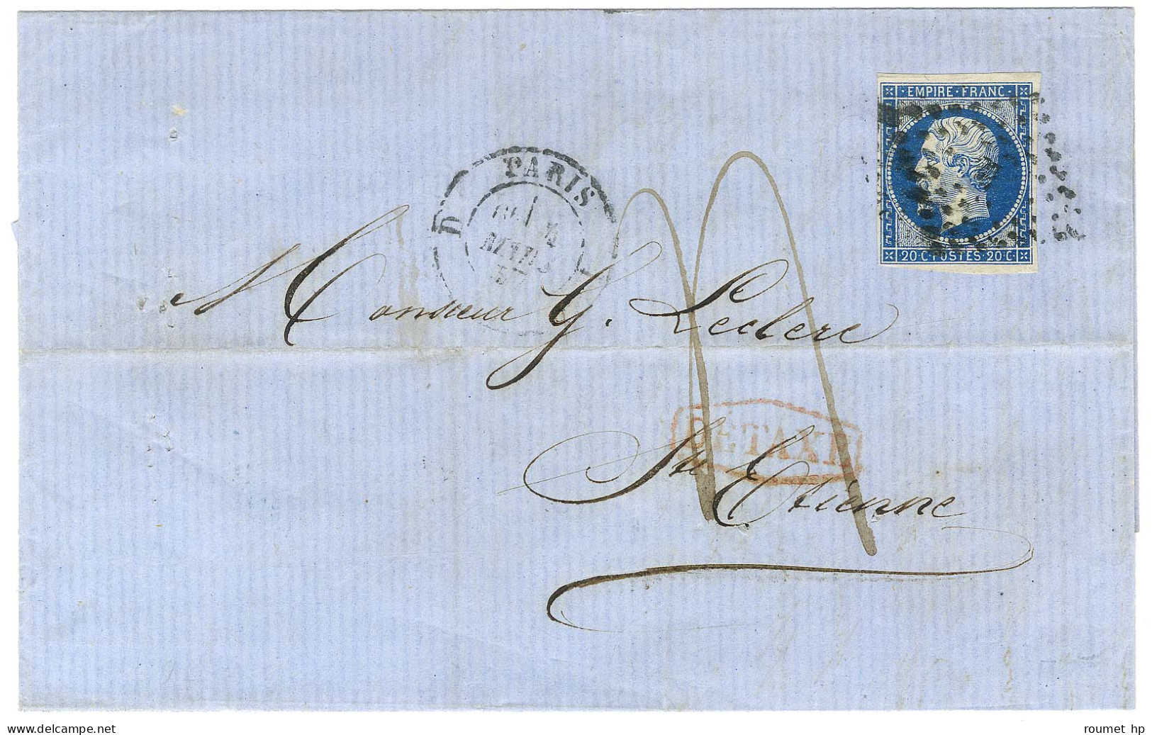 Losange D / N° 14 Càd D PARIS D Sur Lettre Taxée 4 Par Erreur Pour Saint Etienne. Au Recto, Cachet Rouge Encadrée DETAXE - 1853-1860 Napoléon III.