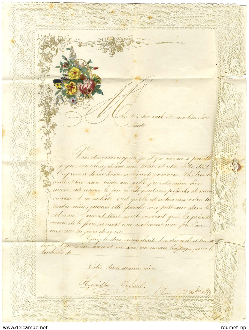 PC 1751 / N° 14 (leg Def) Càd T 15 LONDINIERES (74) Sur Lettre Avec Superbe Texte, Gaufrée Et Décor Polychrome Floral 2  - 1853-1860 Napoléon III.