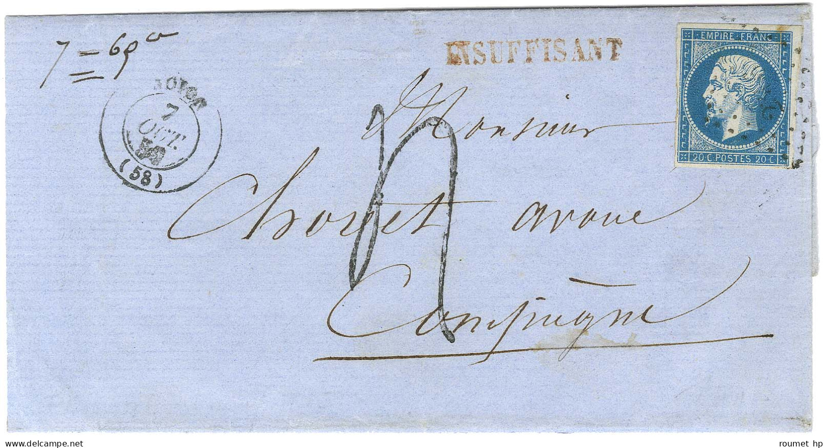 PC 2306 / N° 14 Càd T 15 NOYON (58) Sur Lettre 2 Ports (7 Grammes 63) Insuffisamment Affranchie Pour Compiègne, Griffe R - 1853-1860 Napoléon III.