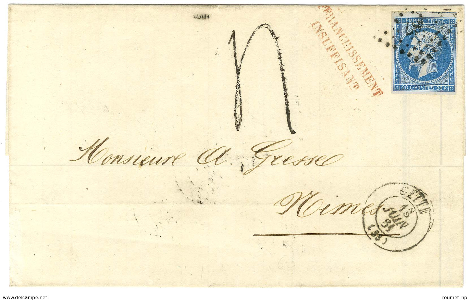 PC 687 / N° 14 Càd T 15 CETTE (33) Sur Lettre 2 Ports Insuffisamment Affranchie Pour Nimes, Griffe Rouge AFFRANCHISSEMEN - 1853-1860 Napoléon III