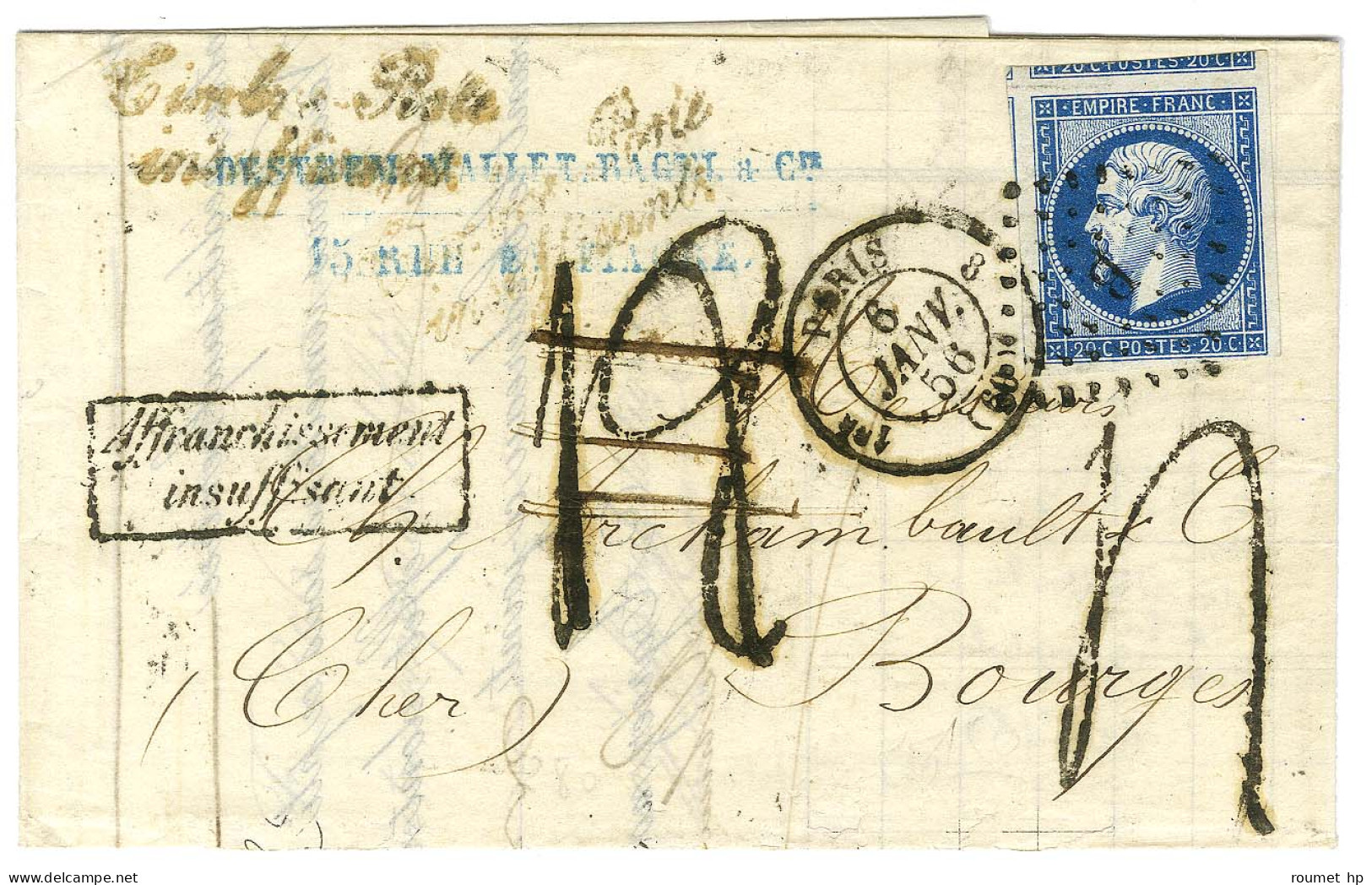 Losange B / N° 14 Càd PARIS (60) Sur Lettre 2 Ports Insuffisamment Affranchie Pour Bourges, Griffe Rouge Timbre-Poste /  - 1853-1860 Napoléon III.