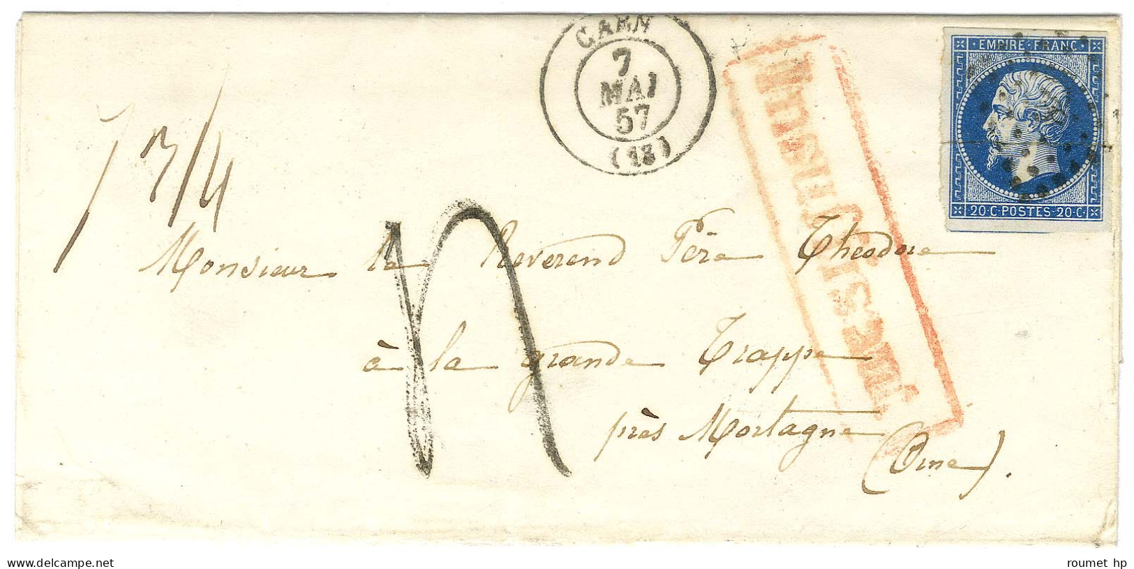 PC 578 / N° 14 Càd T 15 CAEN (13) Sur Lettre 2 Ports (7 Grammes 1/4) Insuffisamment Affranchie Pour Mortagne, Griffe Rou - 1853-1860 Napoléon III