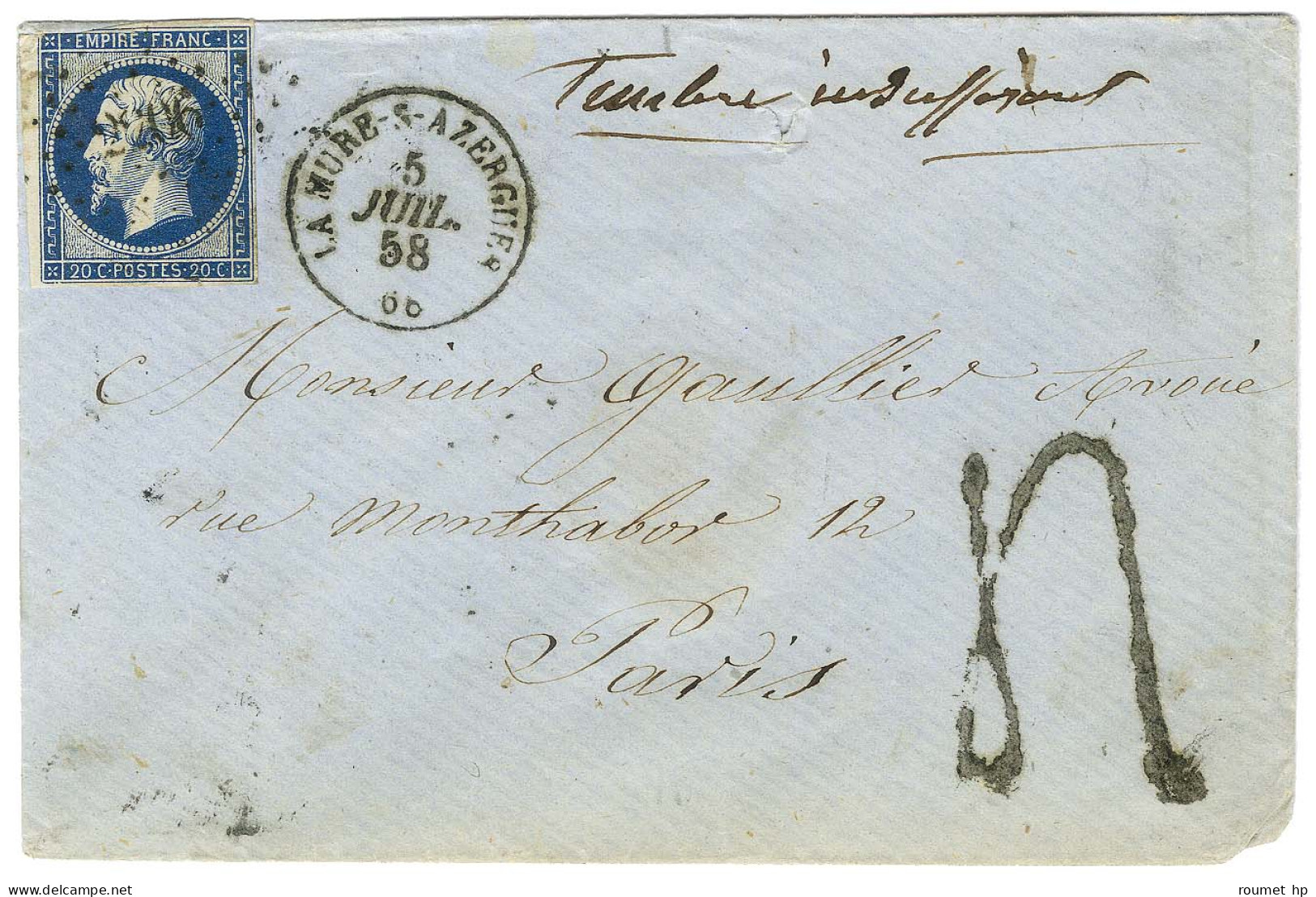 PC 2206 / N° 14 (leg Def) Càd T 15 LA MURE-S-AZERGUES 68 Sur Lettre 2 Ports Insuffisamment Affranchie Pour Paris, Taxe T - 1853-1860 Napoléon III.
