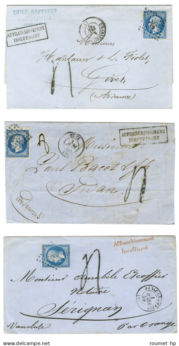 Lot De 3 Lettres Insuffisamment Affranchies Avec N° 14 Taxées 4 Au Tampon. - TB. - 1853-1860 Napoleon III