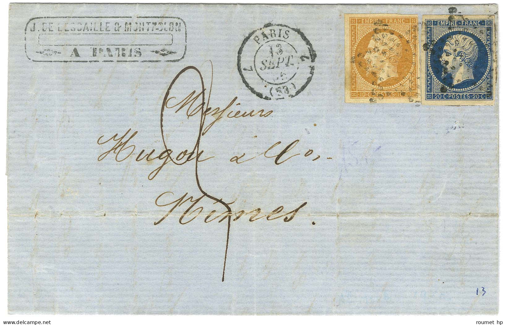 Etoile / N° 13 + 14 Càd PARIS (60) Sur Lettre 2 Ports Insuffisamment Affranchie Pour Nimes, Taxée 3. 1856. - TB / SUP. - - 1853-1860 Napoleon III