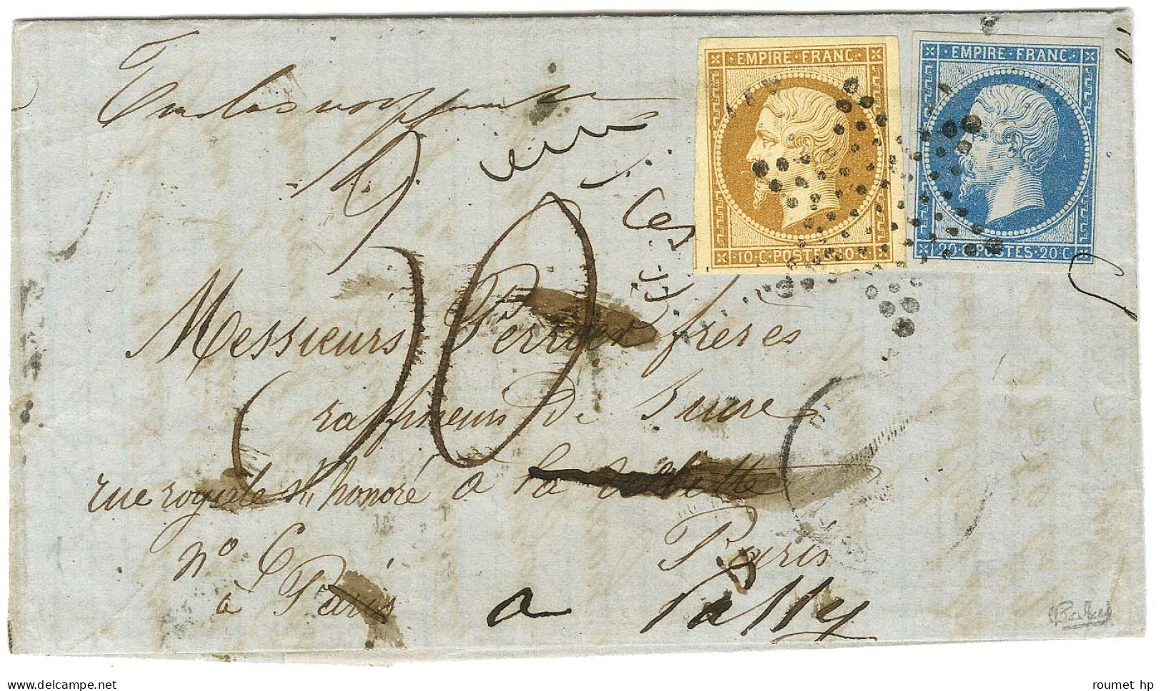 PC 2437 Très Faiblement Apposé / N° 13 + 14 Sur Lettre 2 Ports Insuffisamment Affranchie Pour Paris Réexpédiée à Passy,  - 1853-1860 Napoleon III