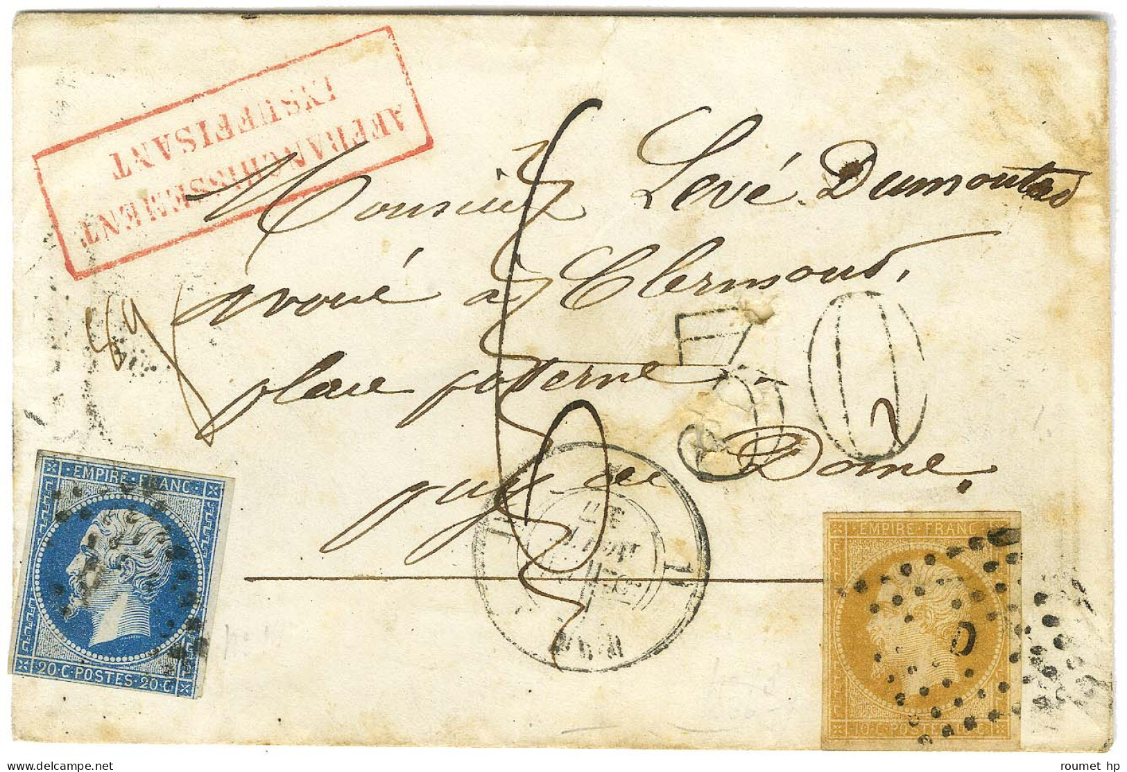 Losange C / N° 13 + 14 (filet Effleuré) Càd D PARIS D * Sur Lettre 2 Ports (8 Grammes) Insuffisamment Affranchie Pour Cl - 1853-1860 Napoleon III