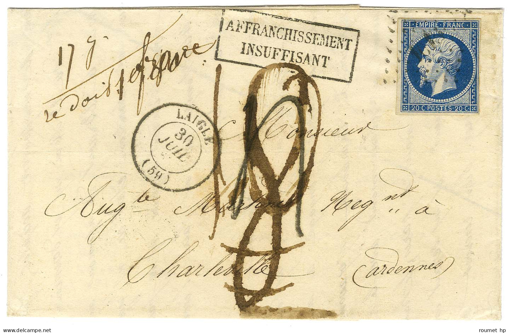 PC 1618 / N° 14 Càd T 15 LAIGLE (59) Sur Lettre 3 Ports (17 Grammes) Insuffisamment Affranchie Pour Charleville, Taxe Ta - 1853-1860 Napoleon III