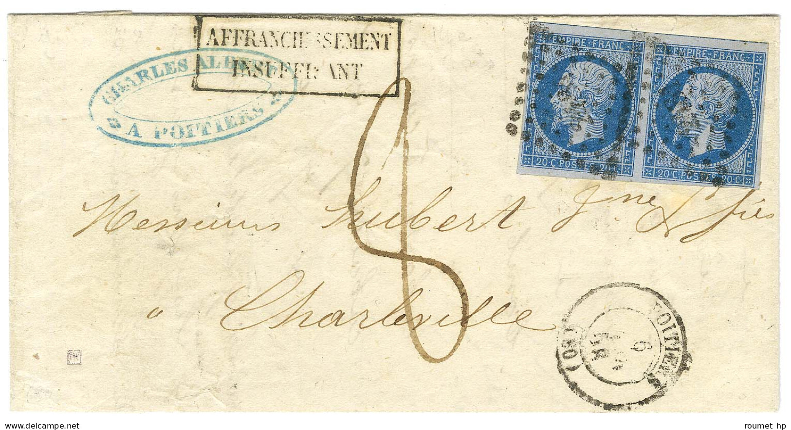 PC 2481 / N° 14 Paire Type 1 Nuance Lilas Foncé Càd T 15 POITIERS (80) Sur Lettre 3 Ports Insuffisamment Affranchie Pour - 1853-1860 Napoleon III