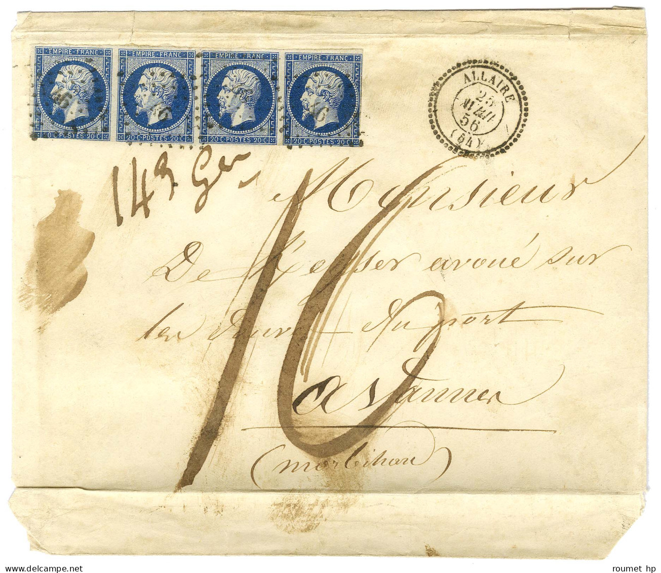 PC 46 / N° 14 Bande De 4 (2 Ex Defs) Càd T 22 ALLAIRE (54) Sur Lettre 4 Ports (143 Grammes) Insuffisamment Affranchie Po - 1853-1860 Napoléon III