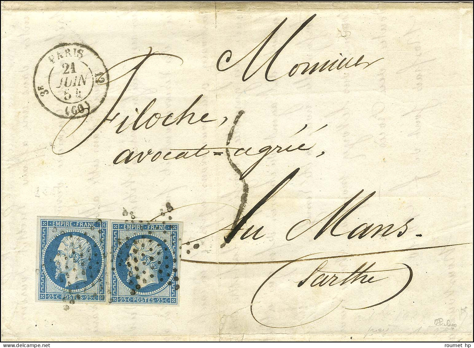 Etoile / N° 15 (2) Les 2 Ex Belles Marges Càd PARIS (60) Sur Lettre 3 Ports Insuffisamment Affranchie Pour Le Mans, Taxé - 1853-1860 Napoléon III