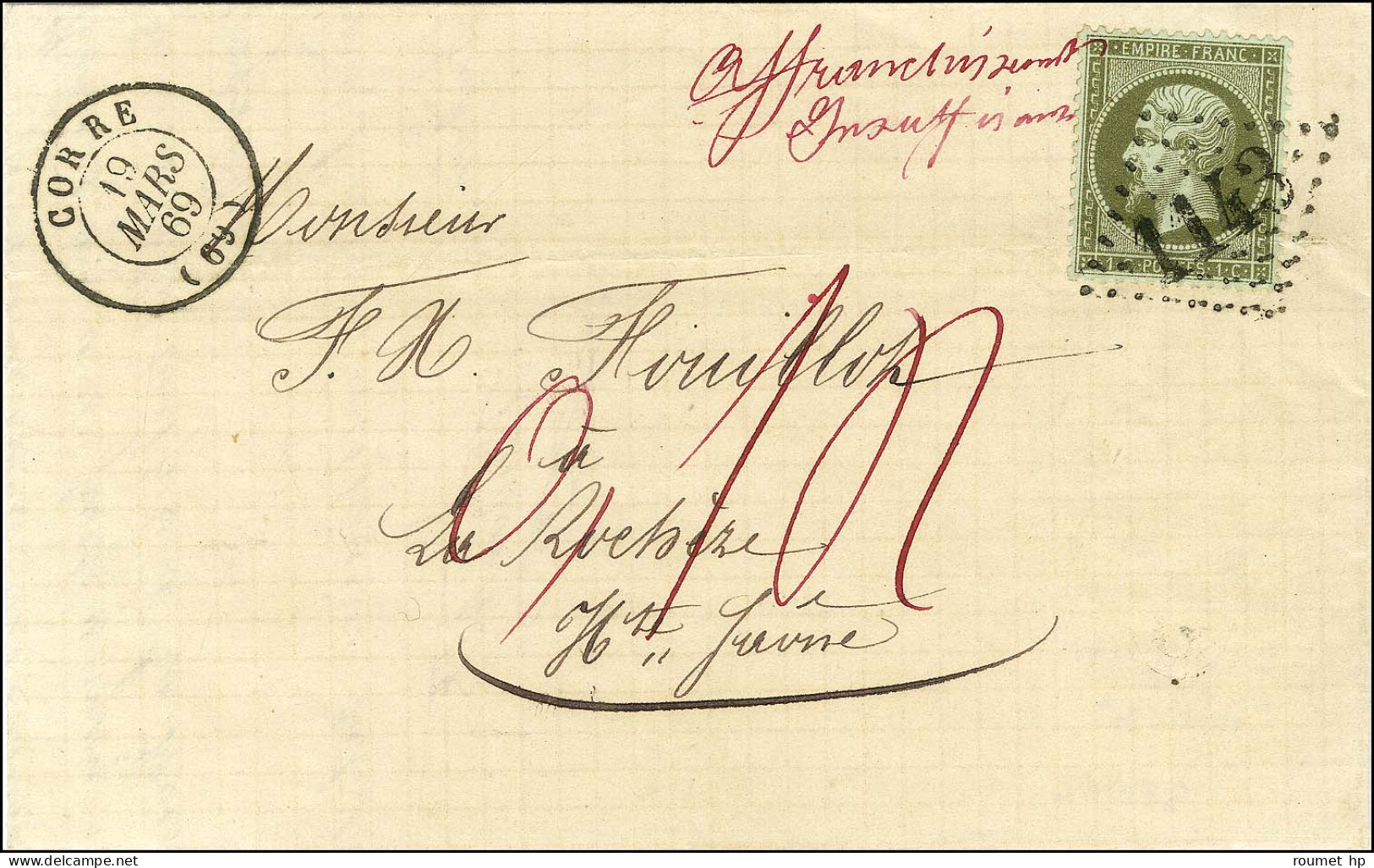 GC 1143 / N° 19 (infime Pli) Càd T 15 CORRE (69) Sur Lettre Locale Insuffisamment Affranchie, Taxée 0,14. 1869. - SUP. - - 1862 Napoléon III