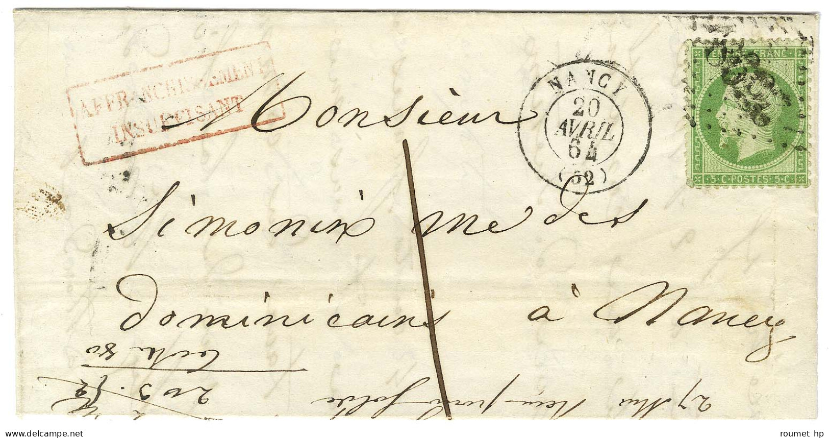 GC 2598 / N° 20 (infime Def) Càd T 15 NANCY (52) Sur Lettre Locale Insuffisamment Affranchie Pour Nancy, Taxée 1. 1864.  - 1862 Napoléon III.