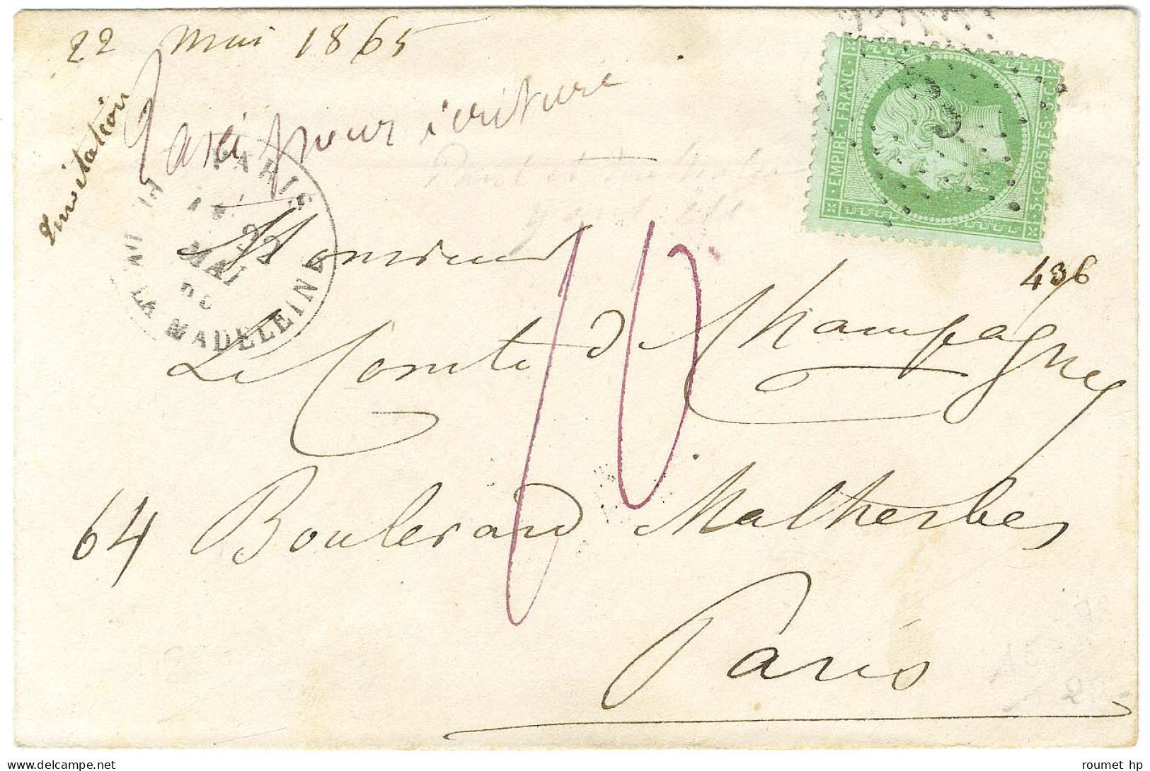 Etoile 3 / N° 20 Càd PARIS / PL. DE LA MADELEINE Sur Lettre Insuffisamment Affranchie Adressée Localement Taxée 10. 1865 - 1862 Napoleon III