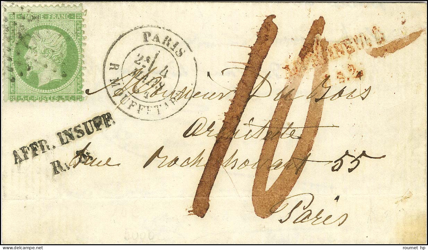 Etoile 29 / N° 20 Càd PARIS / R. MOUFFETARD Sur Lettre De Paris Pour PARIS Insuffisamment Affranchie, Taxée 10. 1864. -  - 1862 Napoleon III