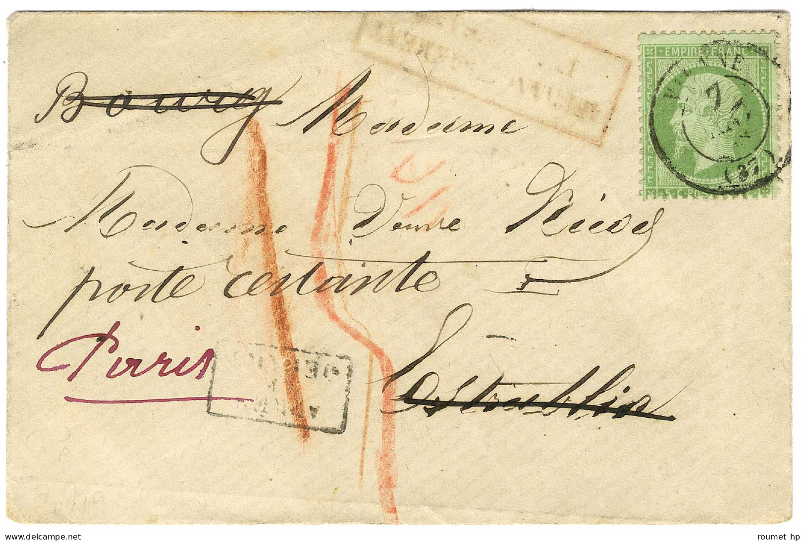Càd T 15 VIENNE (37) / N° 20 Sur Lettre Insuffisamment Affranchie Adressée à Bourg Réexpédiée à Paris Taxée 15c Au Crayo - 1862 Napoleon III