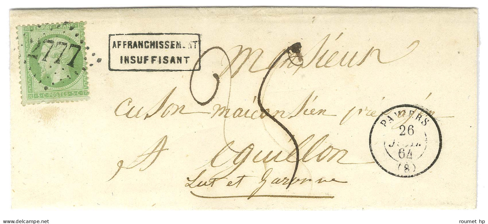 GC 2777 / N° 20 Càd T 15 PAMIERS (8) Sur Lettre Territoriale Insuffisamment Affranchie Pour Aiguillon, Taxée 25. 1864. - - 1862 Napoléon III