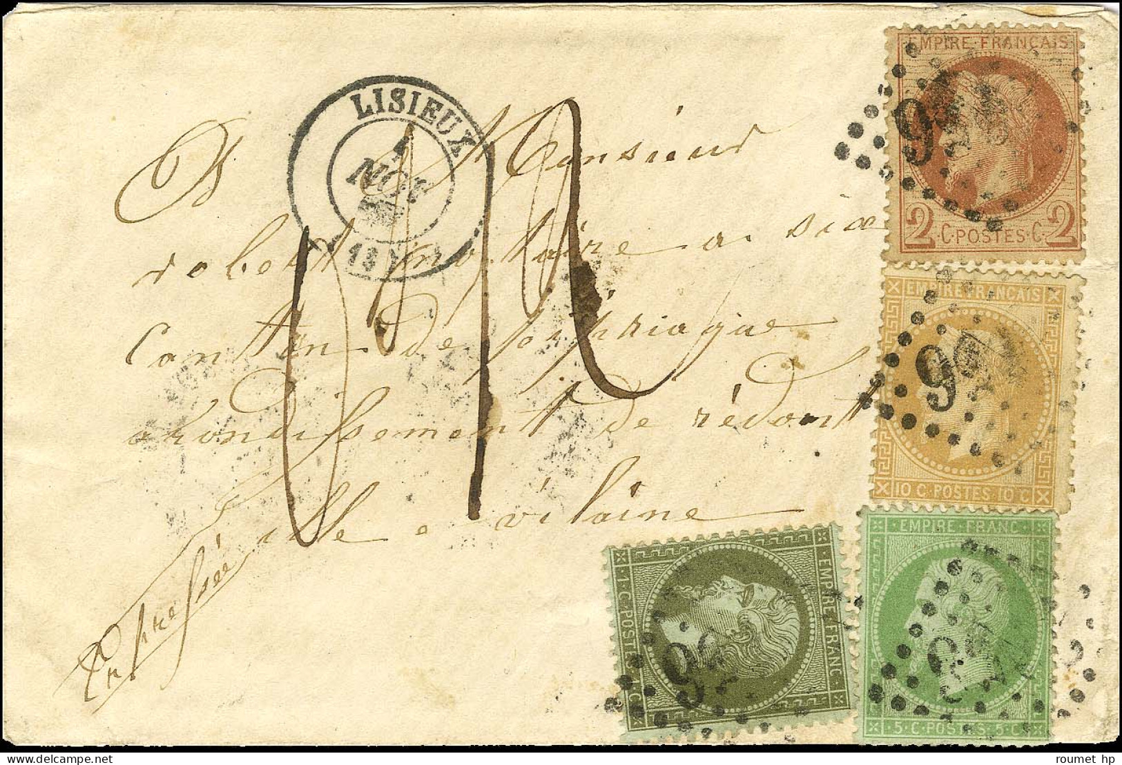 GC 2056 / N° 19 + 20 + 26 + 28 Càd T 15 LISIEUX (13) Sur Lettre Territoriale Insuffisamment Affranchie Pour Pipriac, Tax - 1862 Napoléon III