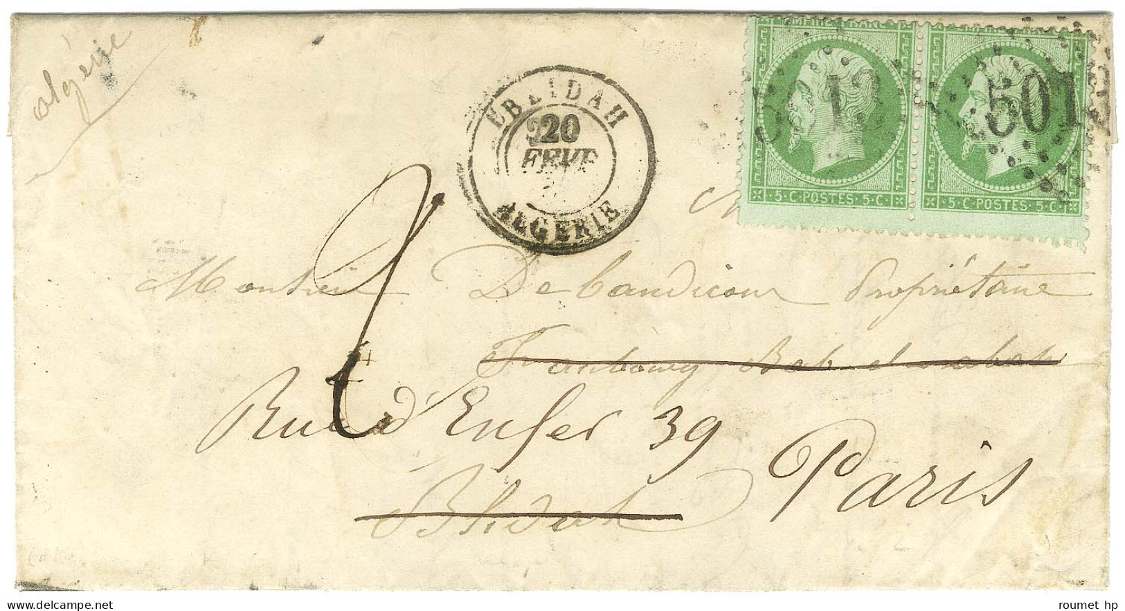 GC 5013 / N° 20 Paire Càd BLIDAH / ALGERIE Sur Lettre Avec Texte Adressée Localement Réexpédiée à Paris à L'aide D'une T - 1862 Napoléon III