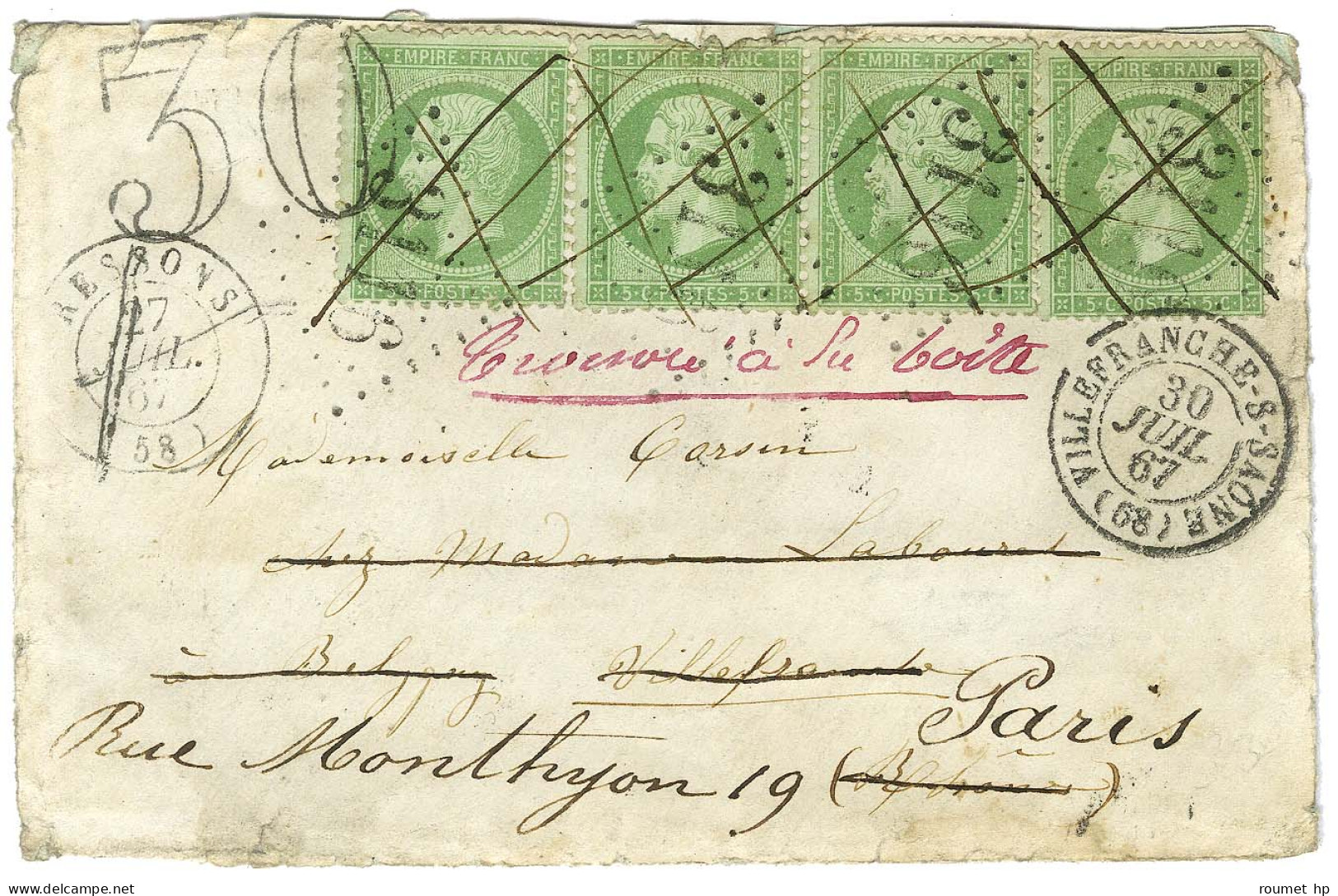 GC 3116 / N° 20 (4 Dont 1 Ex Def) Càd T 15 RESSONS (58) Sur Lettre Pour Villefranche Sur Saone Réexpédiée à Paris. Au Re - 1862 Napoleon III