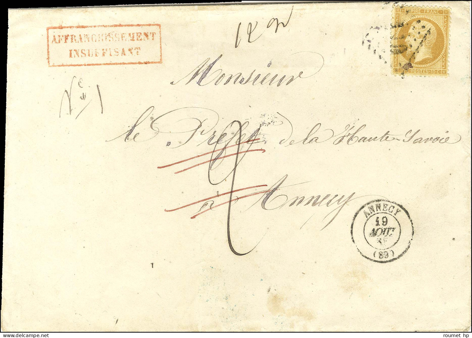 GC 110 / N° 21 Càd T 15 ANNECY (89) Sur Lettre Locale 2 Ports Insuffisamment Affranchie, Taxée 2, Annulée Plume. Au Vers - 1862 Napoléon III.