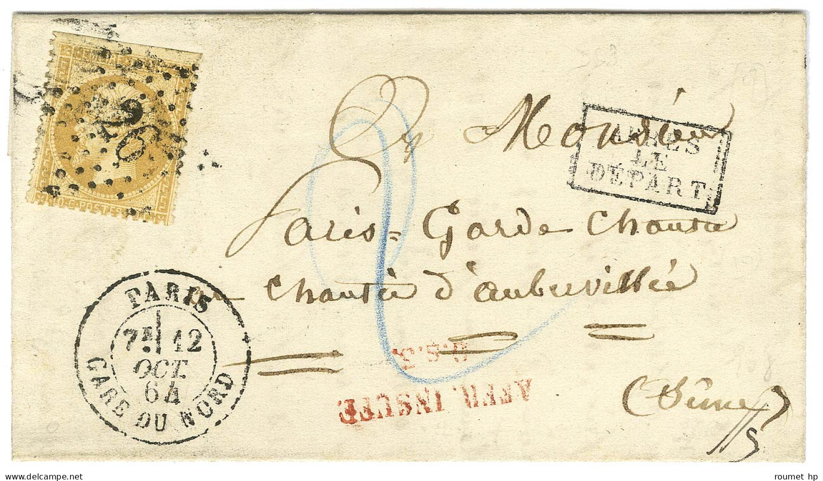 Etoile 26 / N° 21 Càd PARIS / GARE DU NORD Sur Lettre Insuffisamment Affranchie Pour Aubervilliers. Au Recto, Griffe Enc - 1862 Napoléon III.