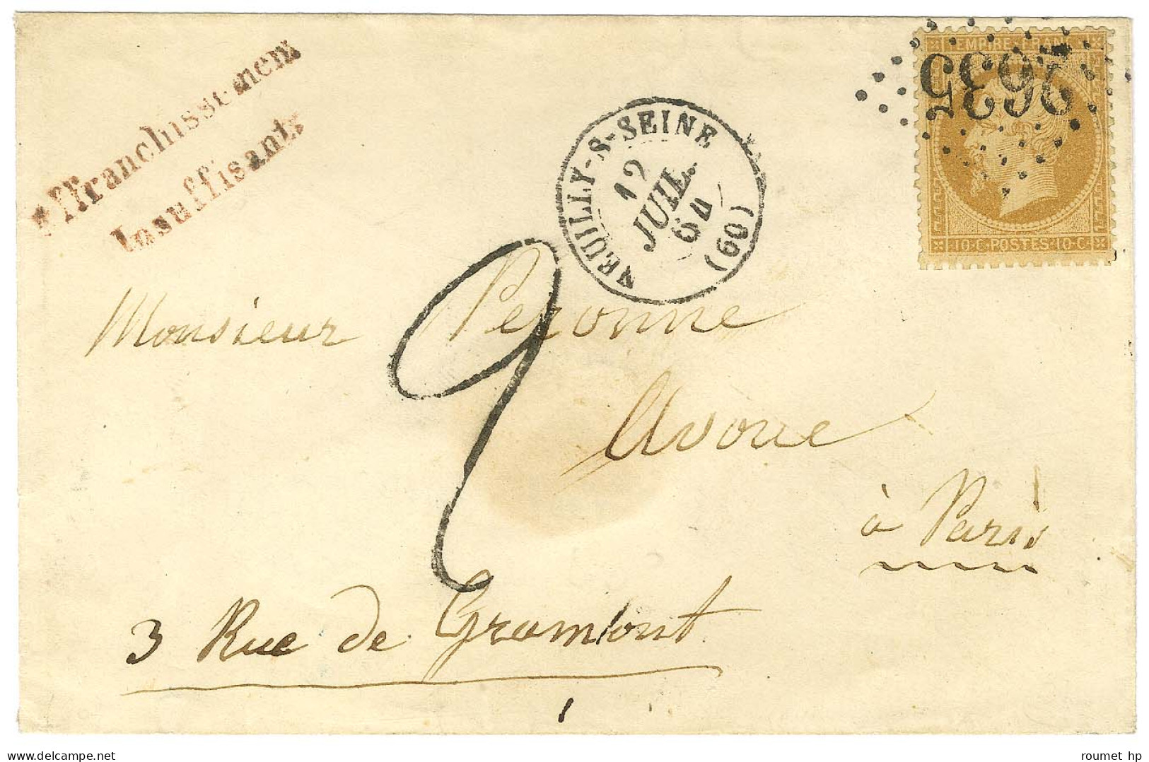 GC 2635 / N° 21 Càd T 15 NEUILLY-S-SEINE (60) Sur Lettre Territoriale Insuffisamment Affranchie Pour Paris. Au Recto, Gr - 1862 Napoléon III.