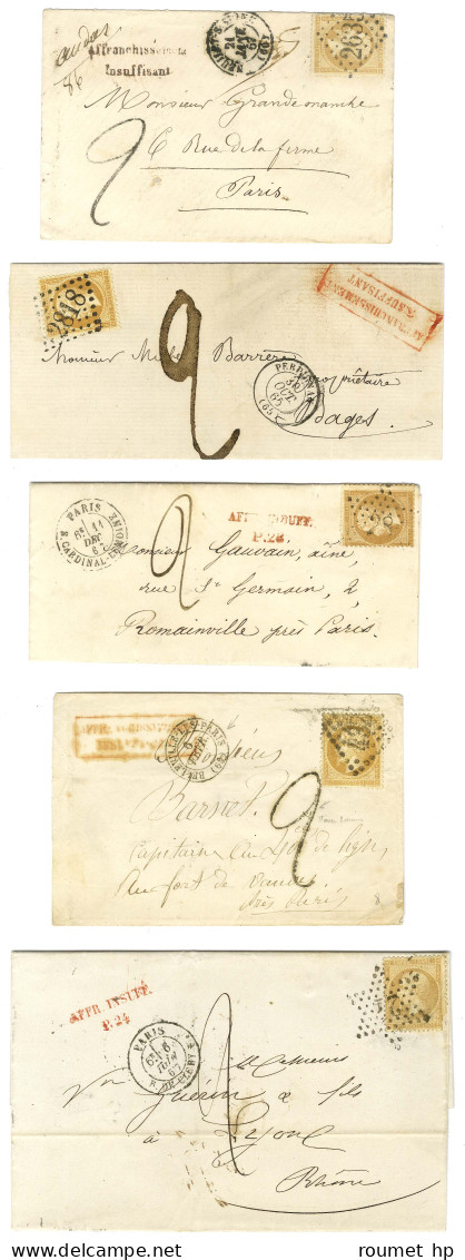 Lot De 5 Lettres Insuffisamment Affranchies Avec N° 21 Taxées 2 (tampons Et Manuscrits). - TB. - 1862 Napoléon III