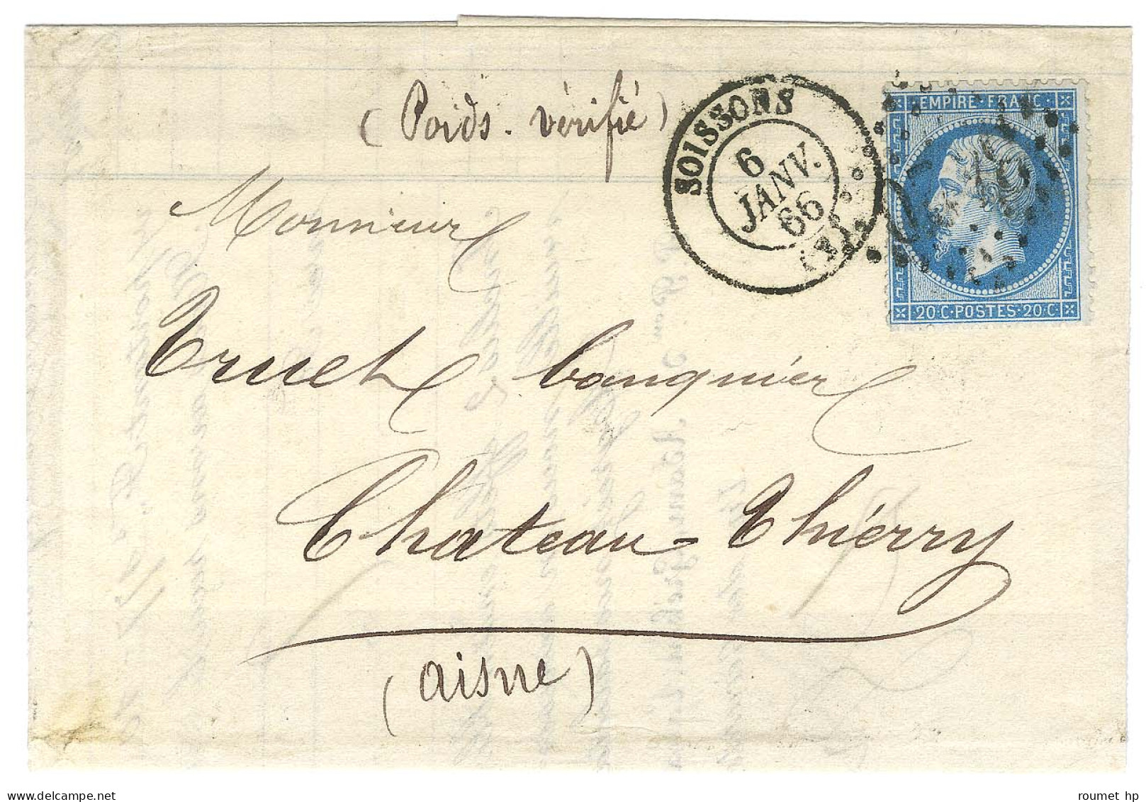 GC 3420 / N° 22 Càd T 15 SOISSONS (2) Sur Lettre Pour Château Thierry. Au Recto, Mention Manuscrite '' Poids Vérifié ''. - 1862 Napoleon III