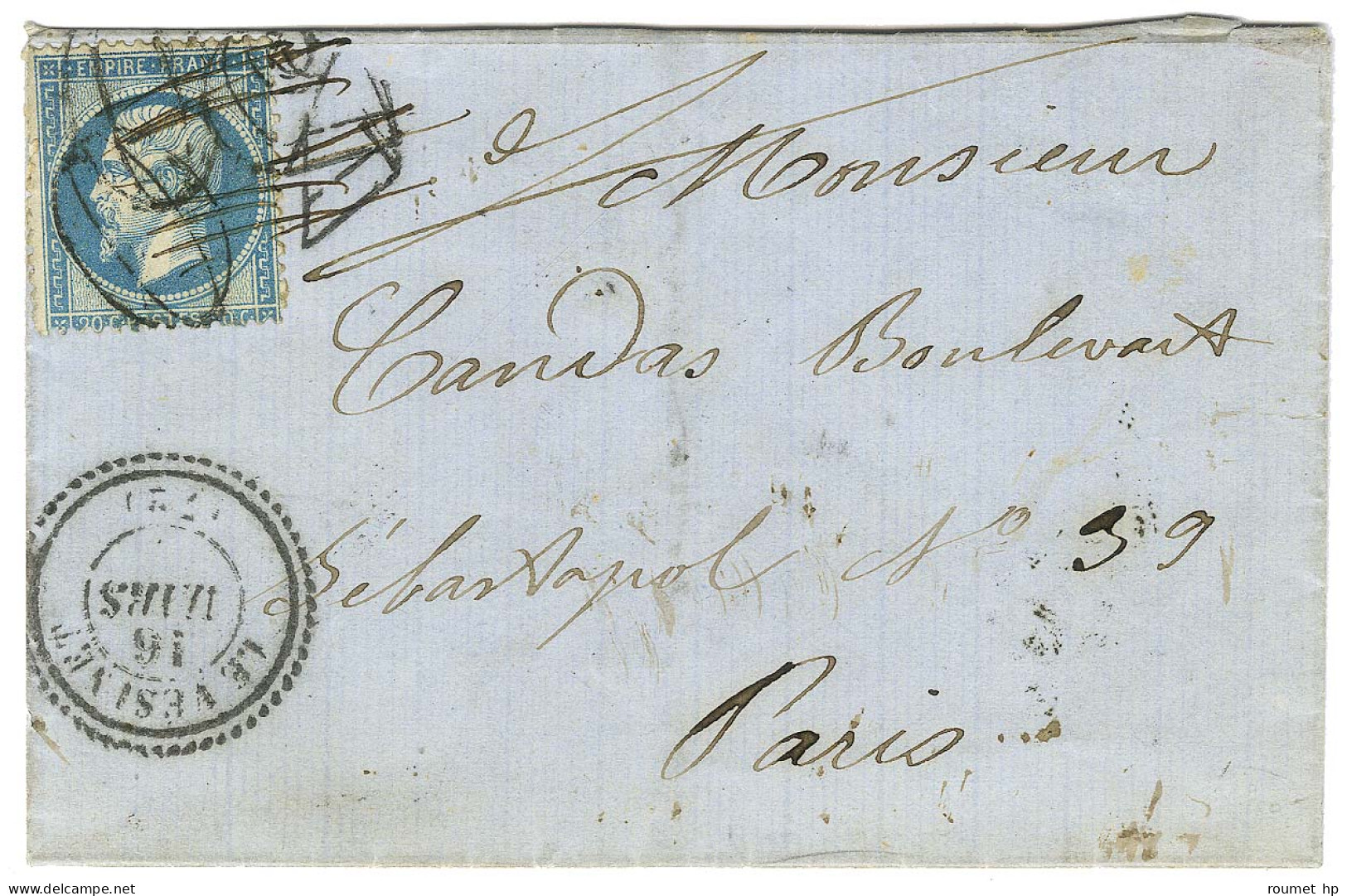 Taxe 30 DT Annulée Plume / N° 22 Càd T 22 LE VESINET (72) Sur Lettre Pour Paris. Au Verso, Divers Cachets De Facteur. 18 - 1862 Napoléon III