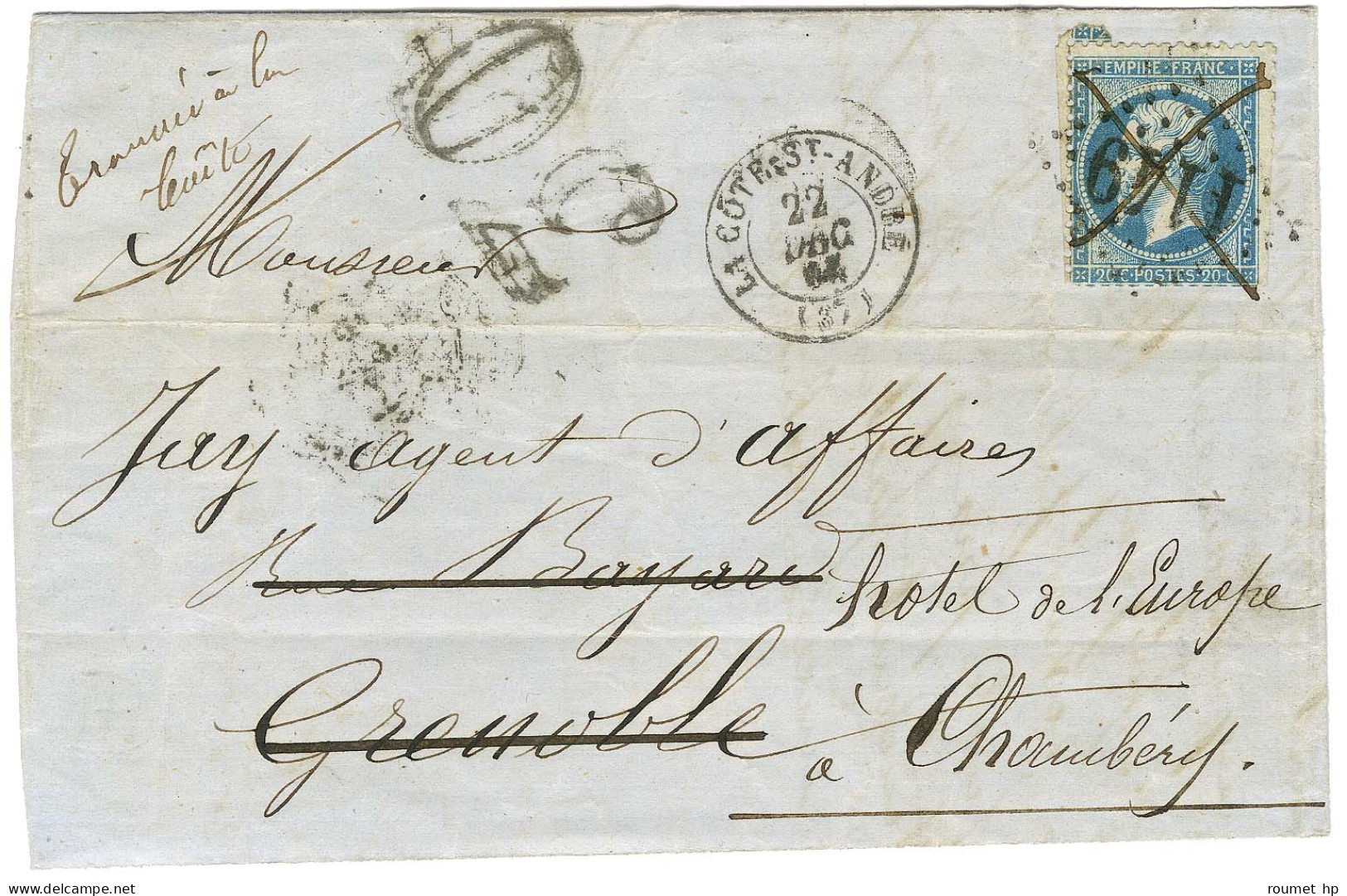 GC 1149 / N° 22 Càd T 15 LA COTE ST ANDRE (37) Sur Lettre Pour Grenoble Réexpédiée à Chambéry. Au Recto, Mention Manuscr - 1862 Napoléon III.