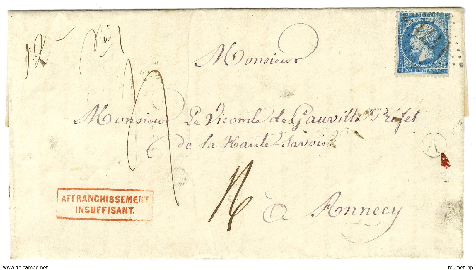 GC 1471 (Faverges, Haute Savoie) / N° 22 Sur Lettre Avec Texte Territoriale 2 Ports Insuffisamment Affranchie, Taxée 4 E - 1862 Napoleon III