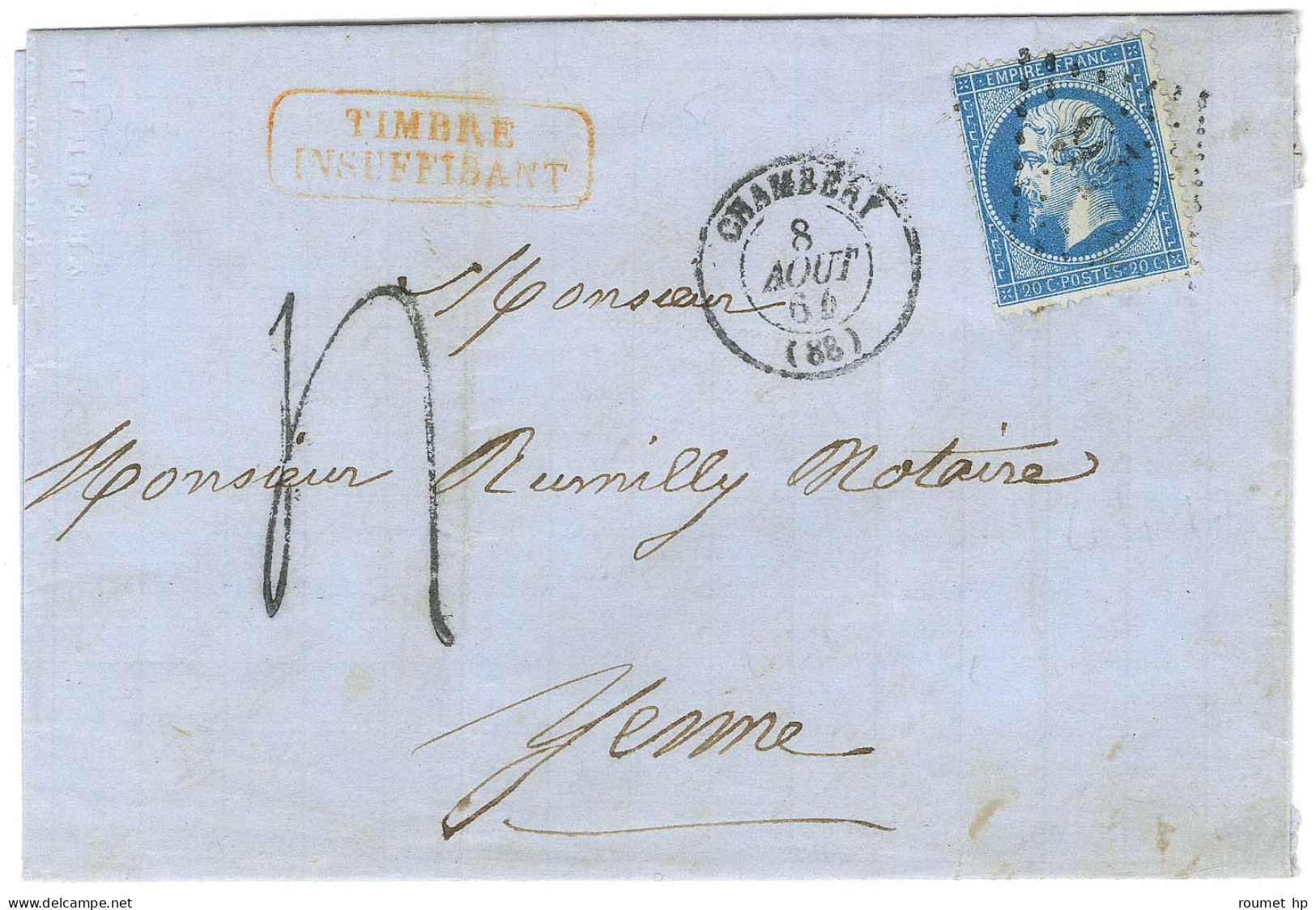 Etoile 846 / N° 22 Càd T 15 CHAMBERY (88) Sur Lettre 2 Ports Insuffisamment Affranchie Pour Yenne. Au Recto, Griffe Roug - 1862 Napoleon III