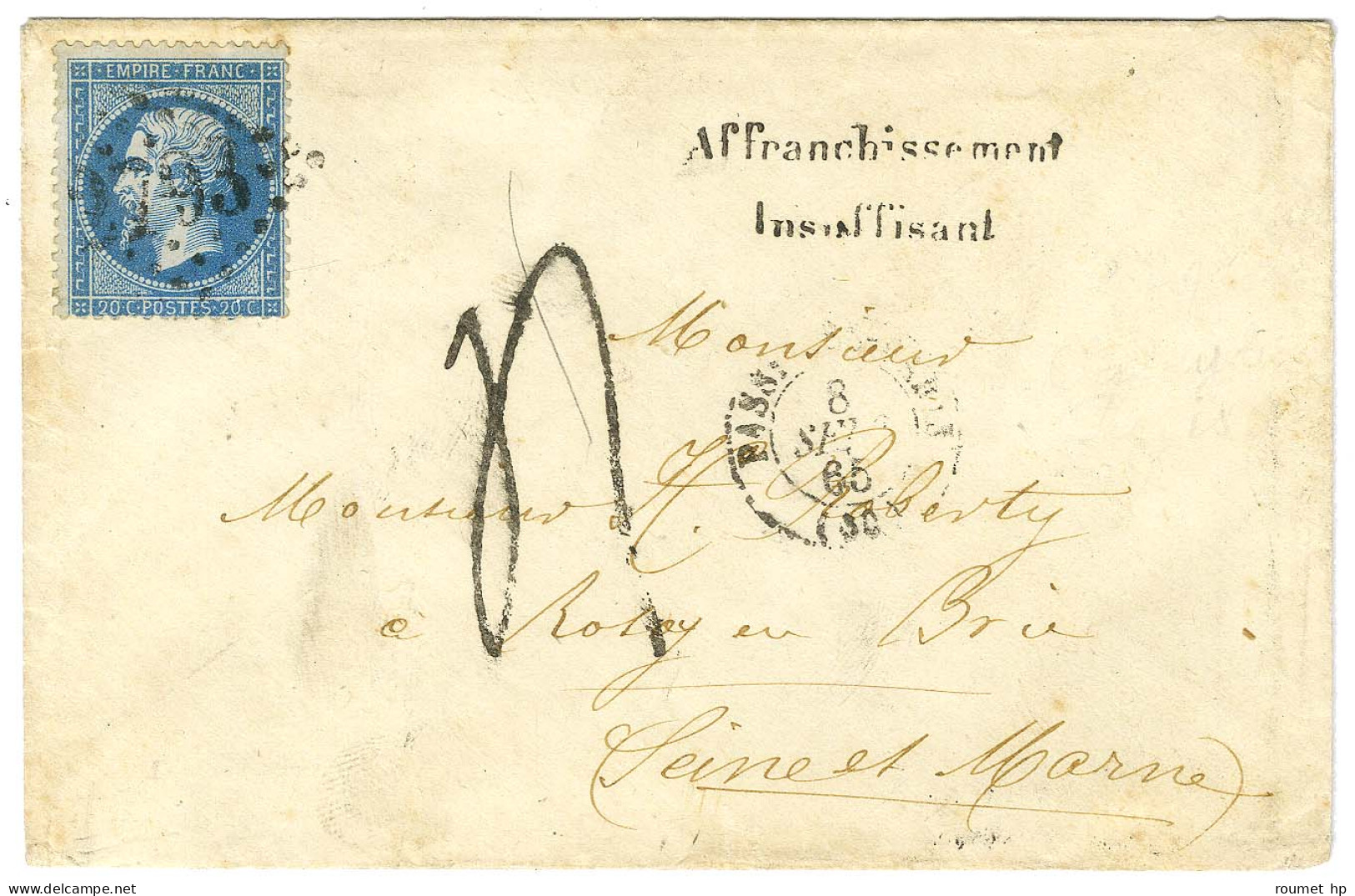 GC 2793 / N° 22 Càd T 15 PASSY LES PARIS (60) Sur Lettre 2 Ports Insuffisamment Affranchie Pour Rosoy En Brie. Au Recto, - 1862 Napoléon III