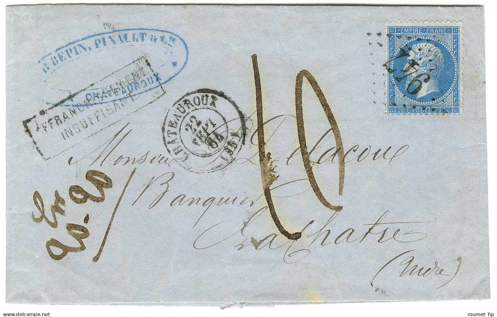 GC 947 / N° 22 Càd T 15 CHATEAUROUX (35) Sur Lettre 3 Ports (20 Grammes 20) Insuffisamment Affranchie Pour La Chatre. Au - 1862 Napoléon III