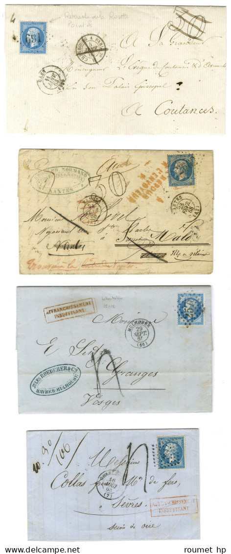 Lot De 4 Lettres Affranchies Avec N° 22 Taxées 30 DT Et 4 Au Tampon. - TB. - 1862 Napoléon III.