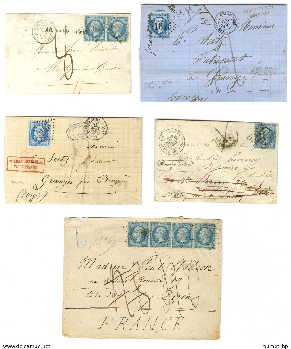 Lot De 5 Lettres Insuffisamment Affranchies Avec N° 22 Et Diverses Taxes. - TB. - 1862 Napoléon III.