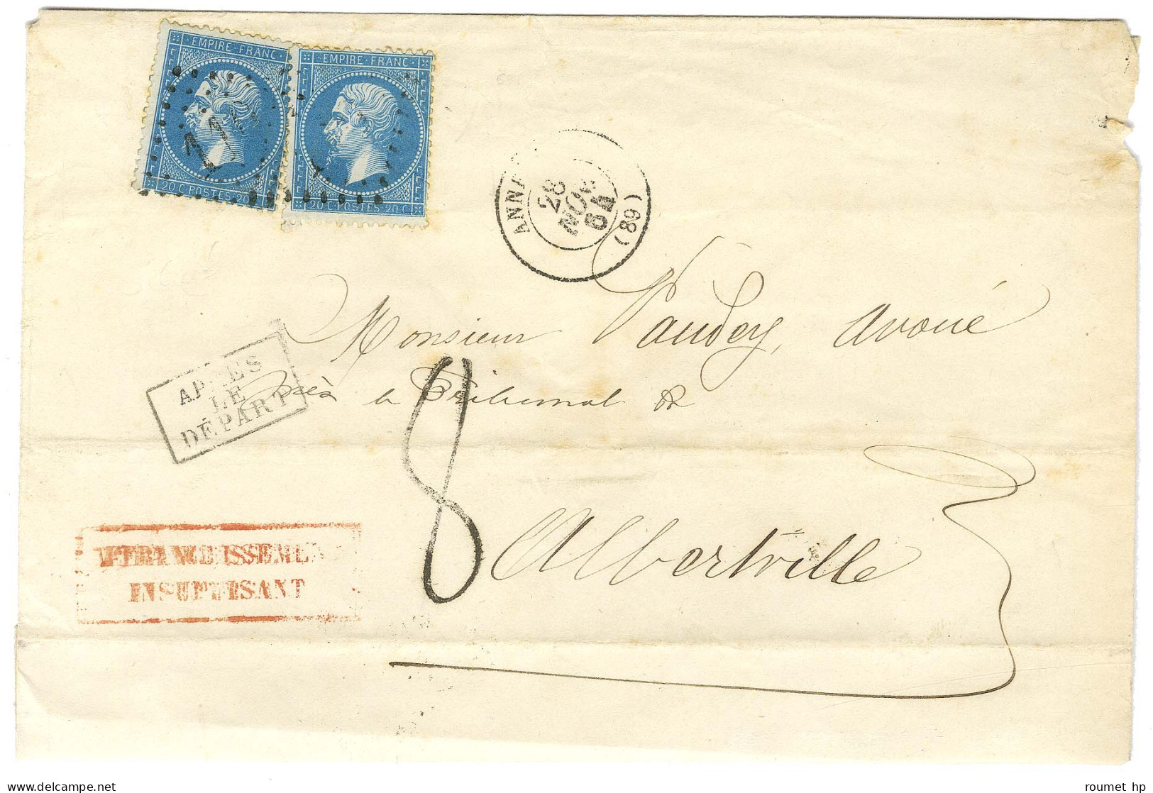 GC 110 / N° 22 (2) Càd T 15 ANNECY (89) Sur Lettre 3 Ports Insuffisamment Affranchie Pour Albertville. Au Recto, Griffe  - 1862 Napoléon III.
